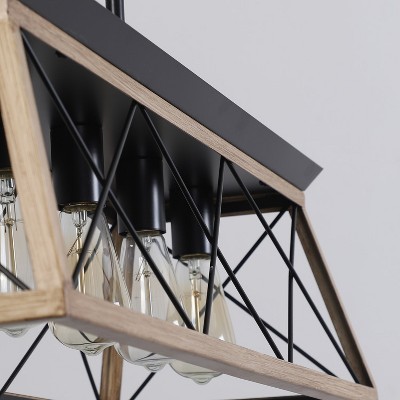 Adjustable Rustic Oak and Black 5-Light Farmhouse Chandelier