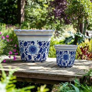 Elegant Round Flower Pots with Scalloped Rim Design Decor - Stoneware  Planter for Outdoor and Indoor Display - Set of 2, 10", 12", Blue & White :  Target