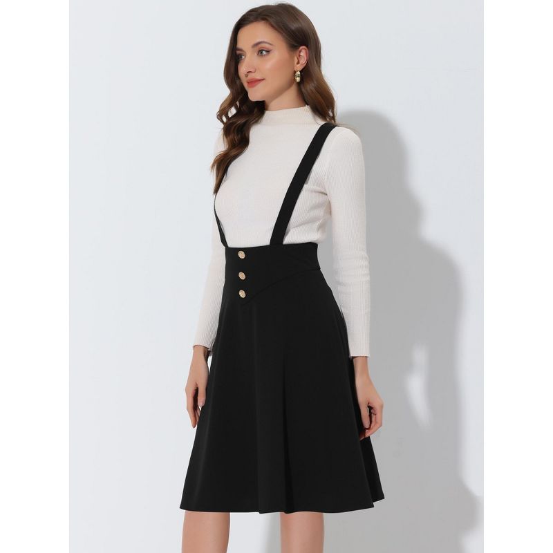 Allegra K Women's High Waist Solid Color Button Decor Flared Midi Suspender Skirt, 3 of 7