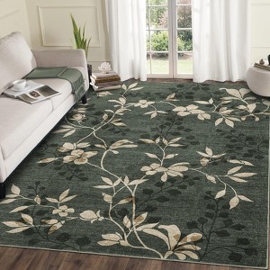 Washable Modern Leaves Print Rug, Non Slip Stain Resistant Botanical Low Pile Carpet for Living Room Bedroom Dining Home Office - 1 of 4