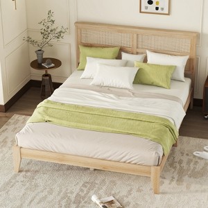 RISOKEYS Queen Size Rubber Wooden Bed with Rattan Headboard - Vintage Design, Spacious Underbed Storage,for Apartments, Master & Small Spaces - 1 of 4