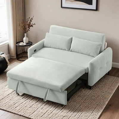 57.48" Pull-out Sofa Bed Convertible Couch 2 Seat Loveseat Sofa Modern Sleeper Sofa with Two Throw Pillows and USB Ports - Leovsnove