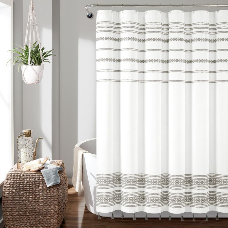 Breezy Chic Tassel Jacquard Eco-Friendly Recycled Cotton Shower Curtain Light Gray Single 72X72, 1 of 4