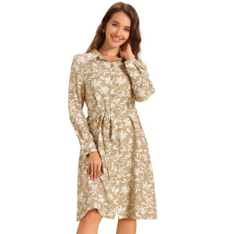 Женские платья INSPIRE CHIC Women's Floral Turndown Collar Long Sleeve Slit Tie Waist Shirt Dresses Khaki Medium