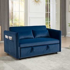 GDFStudio Haley Modern Rubberwood and Velvet 3 in 1 Convertible Sofa Bed with 2 Pillows and Storage Bag - 1 of 4