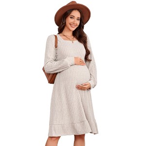 Coolmee Womens Maternity Square Neck Long Sleeve Fall Ruffle Dresses Casual Babydoll Sweater Dress - 1 of 4