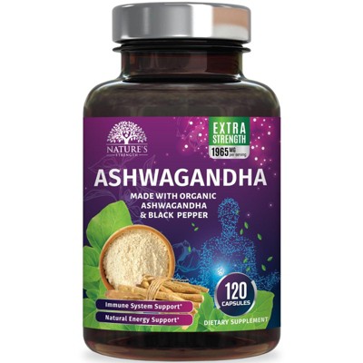 Organic Ashwagandha 1950mg w/ Black Pepper for High Absorption & Stress Support - 120 Capsules By Nature's Strength