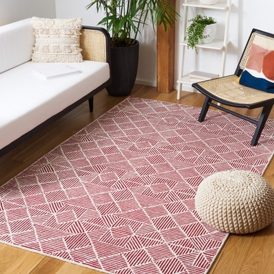Ivory and Red Abstract Geometric Wool Area Rug, 5' x 8'