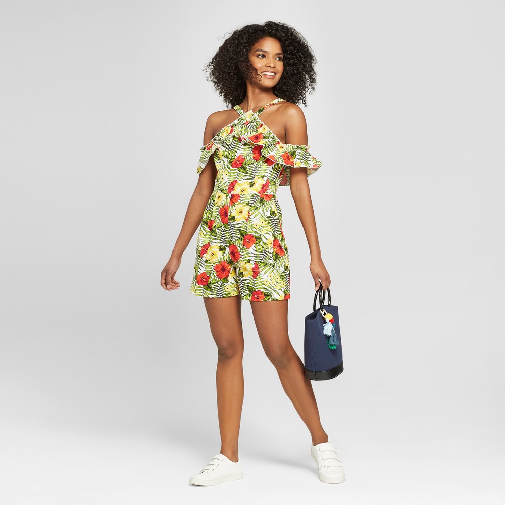 Women's Floral Print Off the Shoulder Ruffle Romper - XOXO (Juniors') Yellow/Red/Green XL, Size: XL, MultiColored was $59.0 now $26.54 (55.0% off)