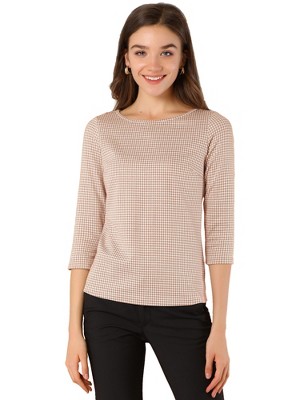 Allegra K Women's Work Office 3/4 Sleeve Boat Neck Houndstooth Printed Blouse