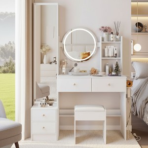 FONTOI 43.3"W Makeup Vanity Table with Full Body Mirror Cabinet Cushioned Stool Capacity Storage for Bedroom Dressing Room, White/Black - 1 of 4