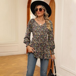 Women's Printed Puff Sleeve T-Shirt - Stylish Tie-Waist Blouse with Floral Pattern, Elegant Long Sleeve Casual Top - 1 of 4