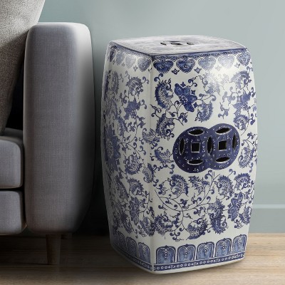 Chic Blue and White Chinoiserie Ceramic Square Garden Stool