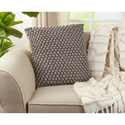 Gray Cotton Crochet Pom-Pom Square Throw Pillow