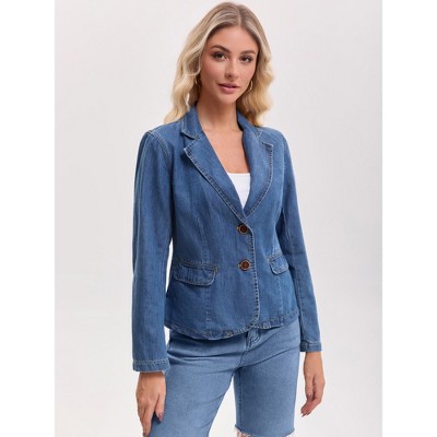 INSPIRE CHIC Women's Notched Lapel Collar Long Sleeve Button Back Slit Fitted Denim Jacket X-Large Blue — фото 2