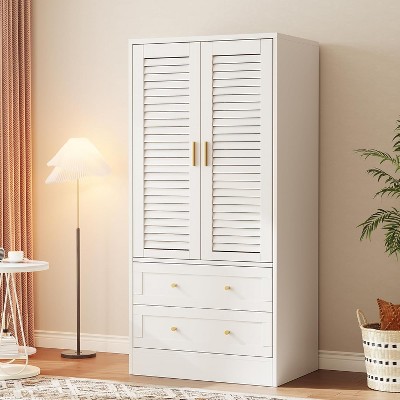 Wardrobe Armoire Closet with 2 Shutter Doors, Wardrobe with Hanging Rods and 2 Drawers, Modern Bedroom Armoire with Gold Handles