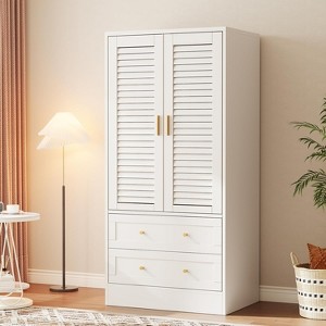 Wardrobe Armoire Closet with 2 Shutter Doors, Wardrobe with Hanging Rods and 2 Drawers, Modern Bedroom Armoire with Gold Handles - 1 of 4