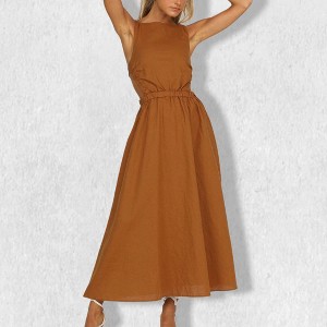 Women's Backless Maxi Dress Sleeveless Round Neck Pure Color Big Skirt  Evening Gown Brown,L : Target