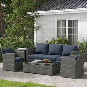 ELJGET 5 Pieces Patio Conversation Set, Outdoor Rattan Sectional PE Wicker Sofa Furniture Set with Coffee Table, Blue/Grey Cushion - 1 of 4