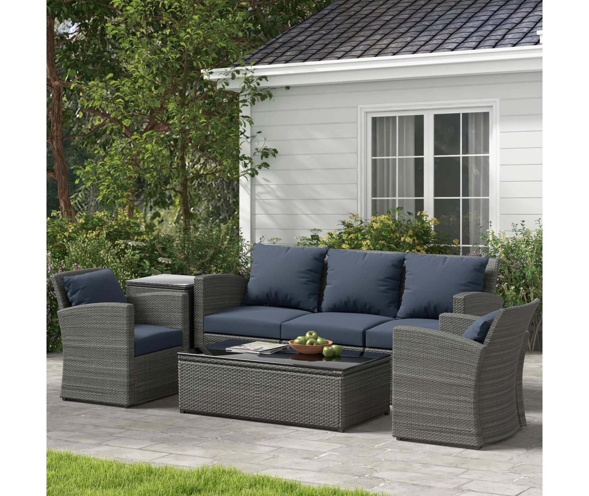 ELJGET Patio Furniture Set, 5 PCS Wicker Outdoor Conversation Set with 2 Coffee Tables for Backyard, Poolside, Garden, Blue Cushions