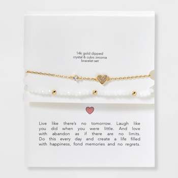 14k Gold Dipped Cubic Zirconia Heart on Chain and Crystal Stretch Bracelet Set 2pc - Gold/White