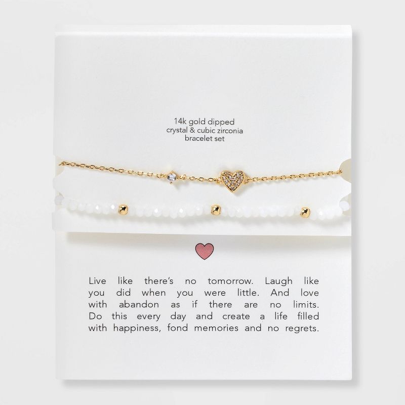 14k Gold Dipped Cubic Zirconia Heart on Chain and Crystal Stretch Bracelet Set 2pc - Gold/White, 1 of 5