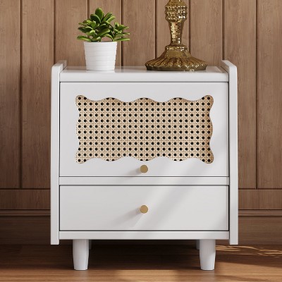 HDZNVF Wooden Nightstand with Rattan-Woven Storage Cabinet and 1 Drawer