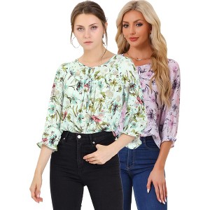 INSPIRE CHIC Women's Floral Bow Tie Neck Vintage 3/4 Sleeve Blouse 2 Packs - 1 of 4