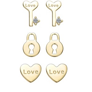 Guili 14K Gold Plated “Love & Lock” Stud Earring 3-Piece Set with Heart, Key, and Lock Designs with Clear Cubic Zirconia for a Chic, Coordinated Look - 1 of 2