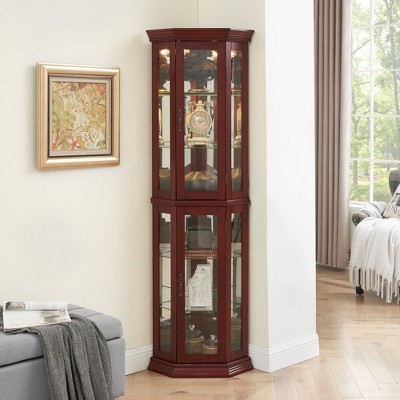 Corner Curio Cabinet with Lights - 69.75"H x 21.5"W x 16"D - Adjustable Tempered Glass Shelves, Mirrored Back - Oak/Cherry/Walnut