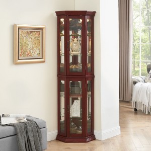 Corner Curio Cabinet with Lights - 69.75"H x 21.5"W x 16"D - Adjustable Tempered Glass Shelves, Mirrored Back - Oak/Cherry/Walnut - 1 of 4