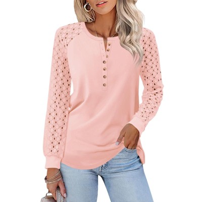 Women's Lace Long Sleeve Henley Tops Soft Casual Blouse Shirts Fall Trendy T Shirt