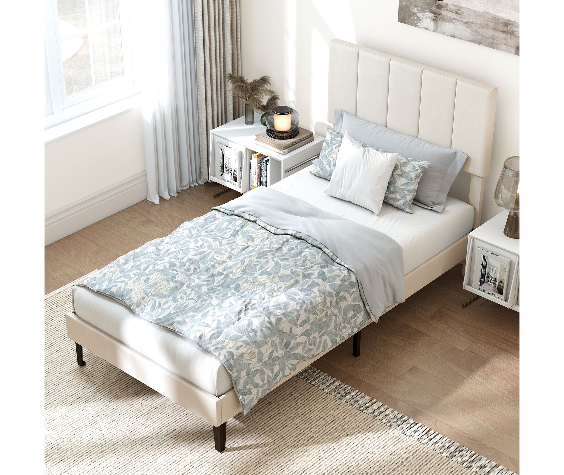 Costway Twin/Full/Queen Size Velvet Bed Frame,Upholstered Platform Bed with Adjustable Headboard Beige/Gray