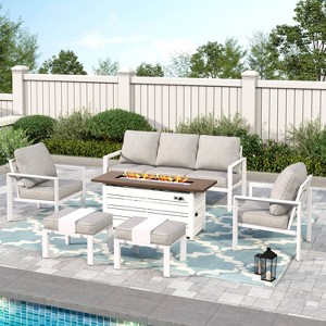 Captiva Designs 6pc Modern Aluminum Outdoor Patio Fire Pit Set with Armchairs and Ottomans - 1 of 4