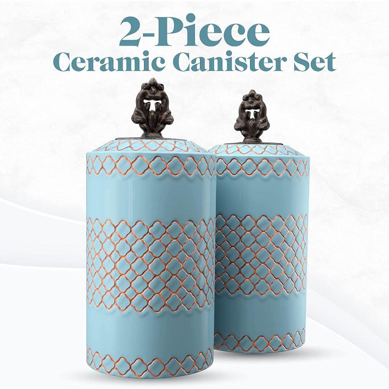 American Atelier 2-Piece Ceramic Canister Jars w/ Engraved Design & Airtight Stainless-Steel Lids For Sugar, Flour, Coffee & More, Blue, 2 of 11