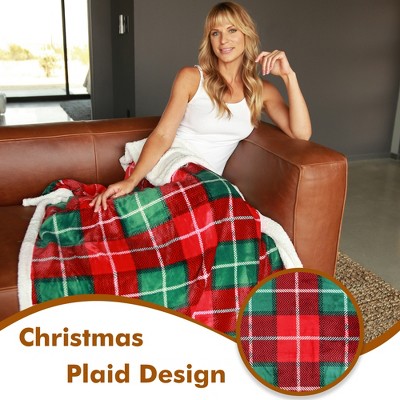 Red and Green Plaid Sherpa Fleece Throw Blanket 50" x 60"