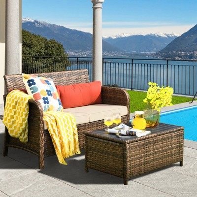 Costway 2PCS Patio Rattan Furniture Set Cushioned Loveseat Table Garden Deck