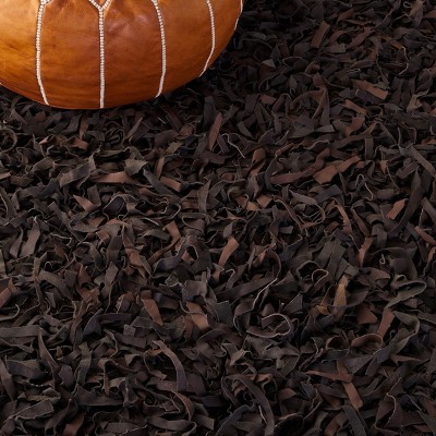 Hand-Knotted Dark Brown Leather Square Shag Rug - 5' x 5'