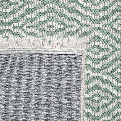 Green and Ivory Geometric Flatweave Cotton Blend Rug
