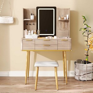 AENKYO 4-Drawer Vanity Desk with 3 Color LED Mirror, Fluted Makeup Table with Metal Legs & Jewelry Storage, Includes PU Stool for Bedroom - 1 of 4