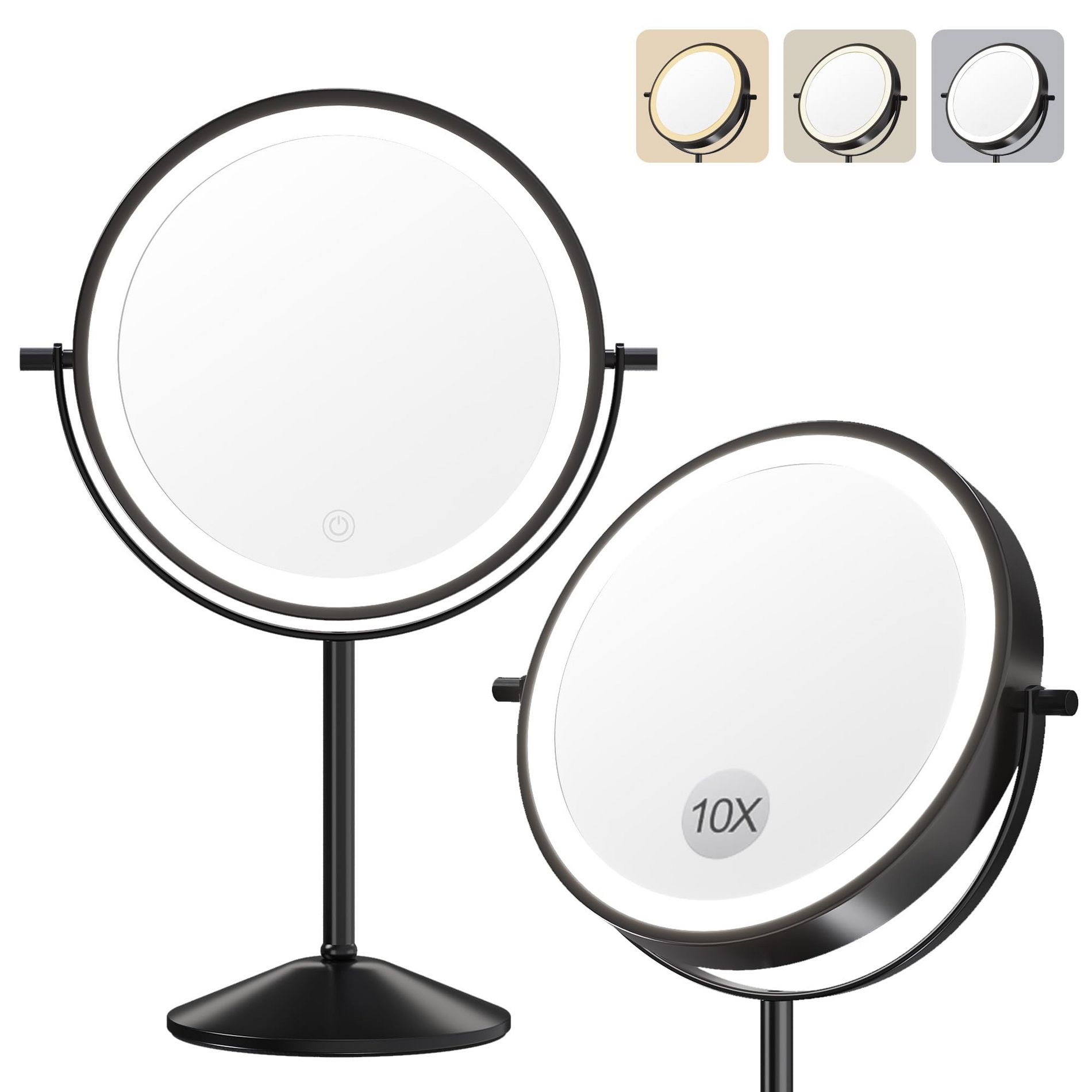 LED Makeup Mirror – 1× & 10× Magnification, 360° Rotatable, USB Rechargeable, 3-Color Lighting, Portable Cosmetic Mirror for Women