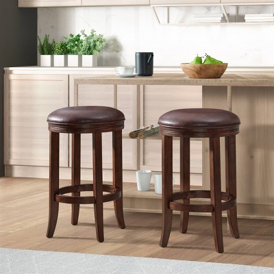 Distressed Walnut Backless Counter Stools with Leather Seat, Set of 2