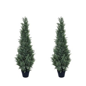 Artificial Topiary Trees, Fake Cedar Trees - Set of 2 Potted Faux Cypress Evergreen Plants, Outdoor/Indoor for Front Porch, Home, Office Decor - 1 of 4