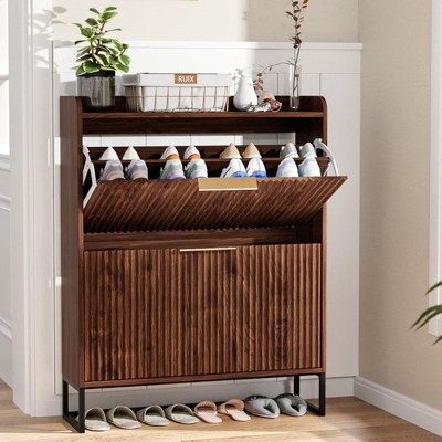 Karl Home 2 Flip Drawers Walnut Fluted Door 31.5in. W Shoe Cabinet