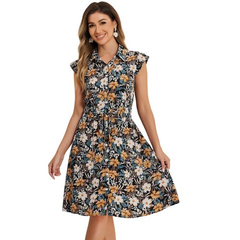 Женские платья INSPIRE CHIC Women's Floral Cap Sleeve Smocked Elastic Waist Summer Casual Chiffon Shirt Dress Black-Yellow X-Large