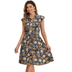 INSPIRE CHIC Women's Floral Cap Sleeve Smocked Elastic Waist Summer Casual Chiffon Shirt Dress - 1 of 4