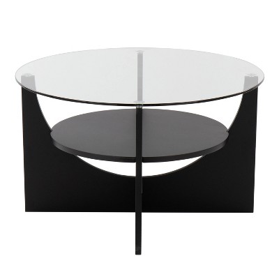 34" Circular Black Wood & Clear Glass Coffee Table with Storage Shelf