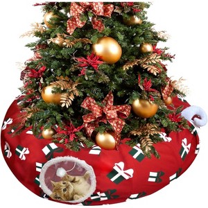 Cat Tunnel Bed- Decorative Christmas Style with Snowman and Glove Patterns - Red Color Perfect for Festive Felines - 1 of 4