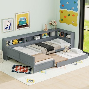 TIRAMISUBEST Twin Size L-Shaped Double Platform Beds with Trundle, Storage Bed Frame with Shelf, Drawer & Charging Station - 1 of 4