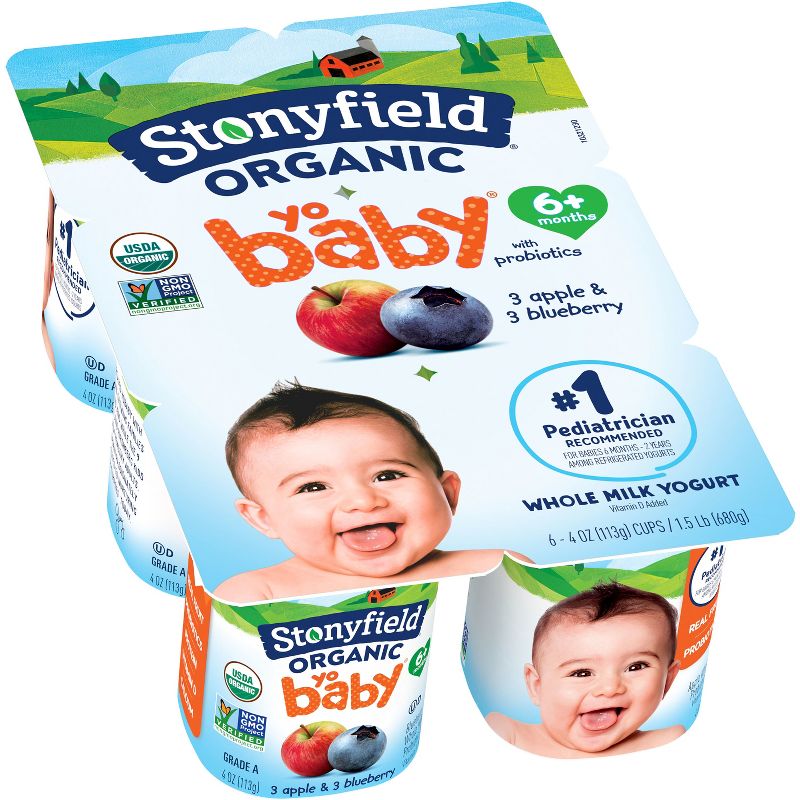 Stonyfield Organic YoBaby Apple &#38; Blueberry Whole Milk Baby Probiotic Yogurt - 6ct/4oz Cups, 1 of 13